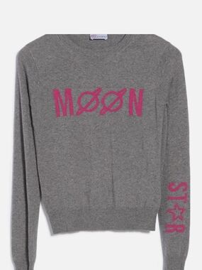 RED Valentino Gray Crewneck Sweater with Pink 'MOON' and Sleeve Star
